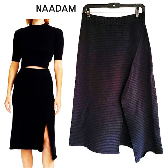 NAADAM NEW Asymmetrical Silk/Cashmere Rib Slit Midi Knit Skirt M - Picture 1 of 12